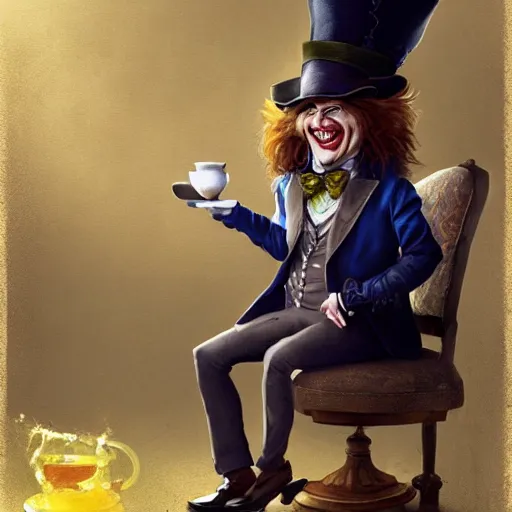 Image similar to the mad hatter, wearing shades, drinking tea, by Viktor Antonov,, greg rutkowski, fantasy, D&D, trending on artstation, smooth, sharp focus