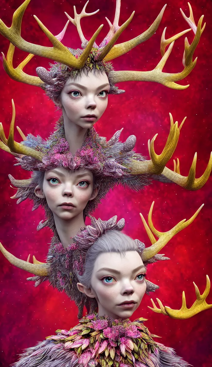 Image similar to hyper detailed 3d render like a Oil painting - kawaii portrait Aurora (a beautiful skeksis queen from dark crystal that looks like Anya Taylor-Joy with hooves and antlers) seen red carpet photoshoot in UVIVF posing in scaly dress to Eat of the Strangling network of yellowcake aerochrome and milky Fruit and His delicate Hands hold of gossamer polyp blossoms bring iridescent fungal flowers whose spores black the foolish stars by Jacek Yerka, Ilya Kuvshinov, Mariusz Lewandowski, Houdini algorithmic generative render, Abstract brush strokes, Masterpiece, Edward Hopper and James Gilleard, Zdzislaw Beksinski, Mark Ryden, Wolfgang Lettl, hints of Yayoi Kasuma, octane render, 8k