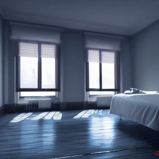 Image similar to hotel room, musty, ambient lighting, light shafts from window blinds, sun ray, dusty, moody, atmospheric, beautiful, abandoned room, motel room, artstation award, detailed