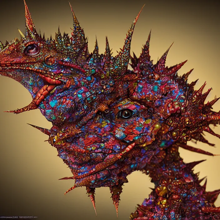 Prompt: a realistic portrait of an intricately detailed thorny devil lizard on a woman's body, colorful - patterns, cyber - punk background, professional studio lighting with subtle shadows, hyper realism, art by android jones, blender cycles render, 8 k high octane