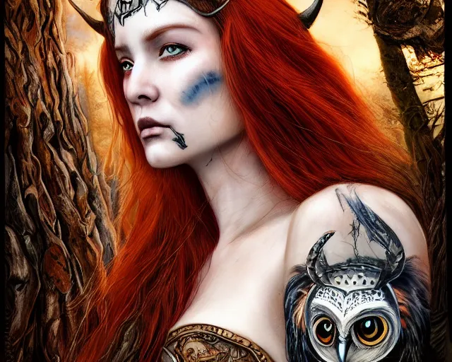 Image similar to 5 5 mm portrait photo of an armored gorgeous anesthetic redhead woman warrior with a face tattoo and horns growing from her head, and owl sitting on her shoulder in a magical forest in the style of stefan kostic, art by luis royo. highly detailed 8 k. intricate. lifelike. soft light. nikon d 8 5 0. cinematic post - processing