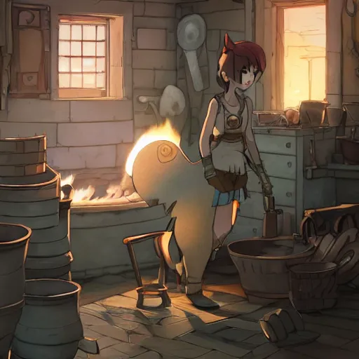 Image similar to a full body portrait of the short and fiery blacksmith Kitty with a beard at her forge, blacksmith's outfit, inside building, makoto shinkai, james gilleard, very detailed, matte, gaussian blur, tone mapped, Akihiko Yoshida.