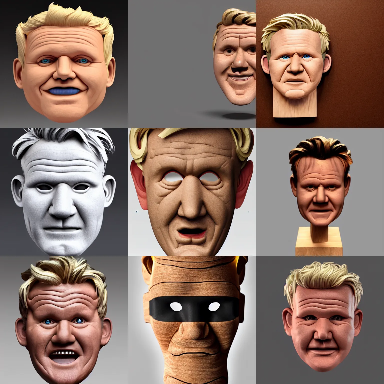 Prompt: A wooden mask of Gordon Ramsay\'s face, 3D render, studio lighting