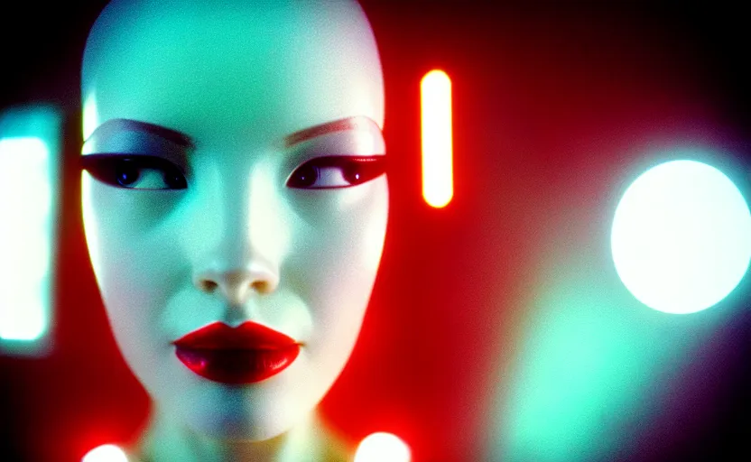 Prompt: medium shot, photograph of alluring futuristic female cyborg looking into camera, eye closed, red lipstick, sharp focus, 35 mm kodak ektachrome, chromatic abberations, f/1.2 H 1216