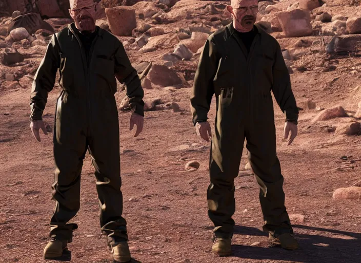 Prompt: film still of Walter White as Gordan Freeman wearing Black Mesa Jumpsuit in the Half Life Movie, 4k