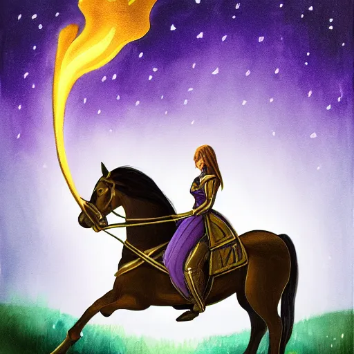 Image similar to female knight riding a horse, holding a violet torch that lights up the dark forest during the night painting