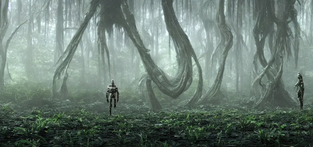 Image similar to a complex organic fractal 3 d metallic symbiotic ceramic humanoid megastructure creature in a swampy lush forest, foggy, cinematic shot, photo still from movie by denis villeneuve, wayne barlowe