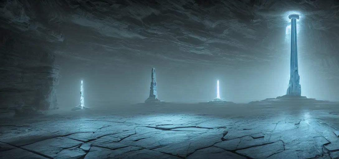 Image similar to dramatic photo of underground ancient stone alien interior, ambient occlusion, glowing straight neon lines on the floor, large glowing obelisk at the end of the room, giant looming statue, raytracing, unreal engine, dramatic lighting, detailed,, global illumination, god rays, 3 d artstation by greg rutowski and jessica rossier