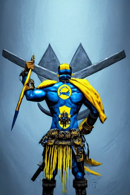 Image similar to a distant shot of a Ukrainian super soldier with blue and yellow flag behind him and a trident symbol on the chest standing alone on a huge pile of skulls posing as a winner, masculine muscular figure, D&D, fantasy, intricate, elegant, highly detailed, extremely detailed, digital painting, artstation, concept art, matte, smooth, sharp focus, illustration, art by Artgerm and Greg Rutkowski and Alphonse Mucha