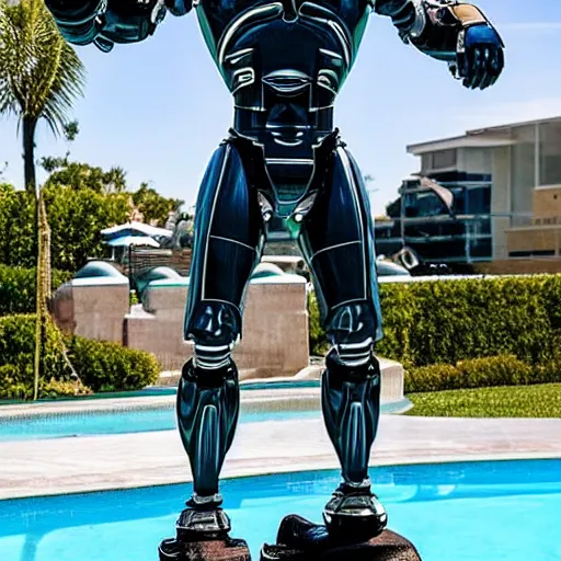 Prompt: a realistic detailed photo of a guy who is an attractive humanoid who is half robot and half humanoid, who is a male android, wrestler john cena, shiny skin, posing like a statue, blank stare, by the pool, on display, showing off his muscles, humanoid robot, frozen ice statue