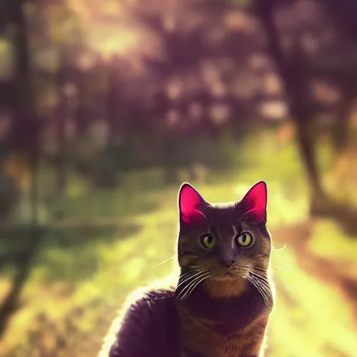 Image similar to portrait of a cat in a forest, by kawacy, sunlight, trending on pixiv, bokeh, furry art, anime, dramatic lighting, digital art