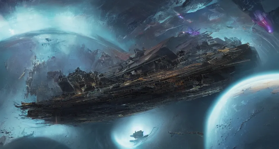 Prompt: The great migration of gremlins on a huge ship collapsed in the form of an O'Neill cylinder in orbit of a black hole, rectilinear, barometric projection, dutch angle from space view, concept art, high detail, intimidating, deep rich colors, iridescent radiance, epic scale ultrawide angle, stunning, epic, cinematic, Artstation trending, octane render, hyperrealistic, Cryengine 8k UHD