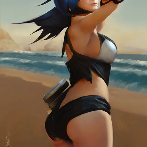 Image similar to greg manchess portrait painting of 2 b nier automata as tracer from overwatch in a bikini on the beach, organic painting, sunny day, matte painting, bold shapes, hard edges, street art, trending on artstation, by huang guangjian and gil elvgren and sachin teng