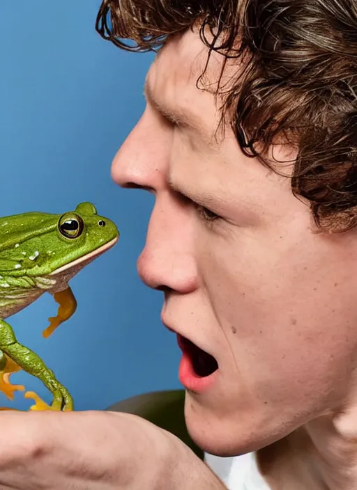 Prompt: a photograph of Tom Holland swallowing a live frog