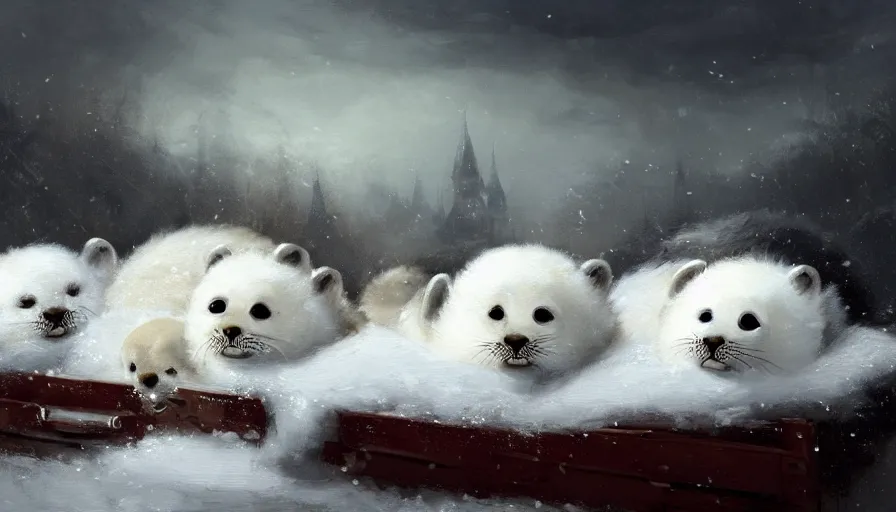 Prompt: highly detailed painting of cute furry white baby seals cuddled up in a cardboard box in a snowy cloudy sky castle by william turner, by greg rutkowski, by william constable, by greg tocchini, thick brush strokes and visible paint layers, 4 k resolution, retrowave colour scheme