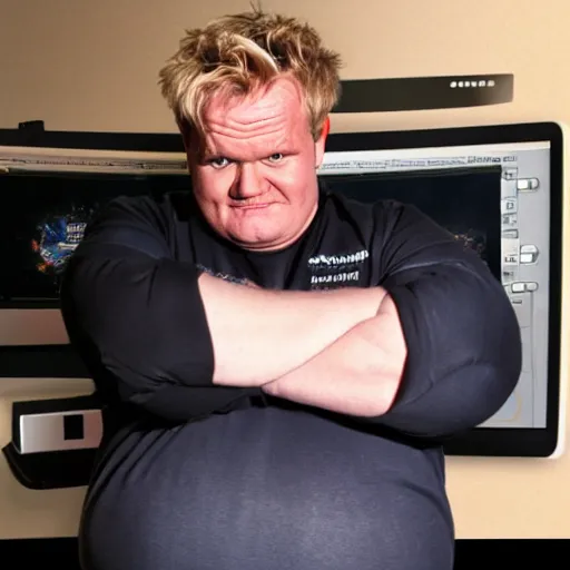 Image similar to obese Gordon Ramsey wearing a headset yelling at his monitor while playing WoW highly detailed wide angle lens 10:9 aspect ration award winning photography by David Lynch esoteric erasure head