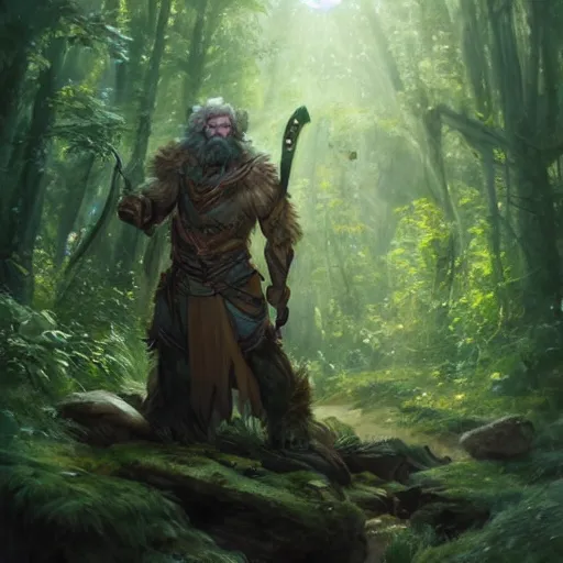 Image similar to beautiful portrait of an epic fantasy earth and nature god with medium length brown hair and a husky beard holding a dark metal sword in the deep forest as he looks at us, oil painting by Greg Rutkowski and Charlie Bowater and Artgerm, unreal 5, DAZ, epic RPG Portrait, trending on artstation, dynamic lighting, late afternoon lighting, forest, green theme, afternoon light