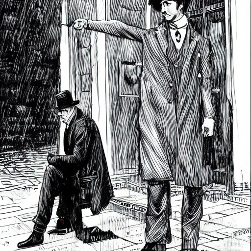 Image similar to Sherlock Holmes standing in the rain in the style of Junji Ito