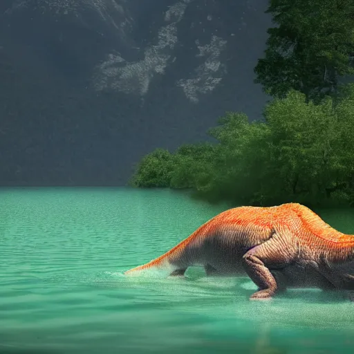 Image similar to a photo of a dinosaur swimming in a lake, realistic, ultra high detail, 8 k.