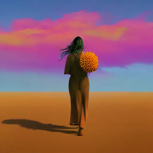 Image similar to closeup giant dahlia flower head, girl walking between dunes, surreal photography, sunrise, blue sky, dramatic light, impressionist painting, digital painting, artstation, simon stalenhag