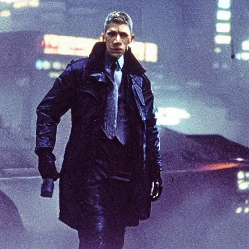 Image similar to film still blade runner Officer Deckard wearing techwear