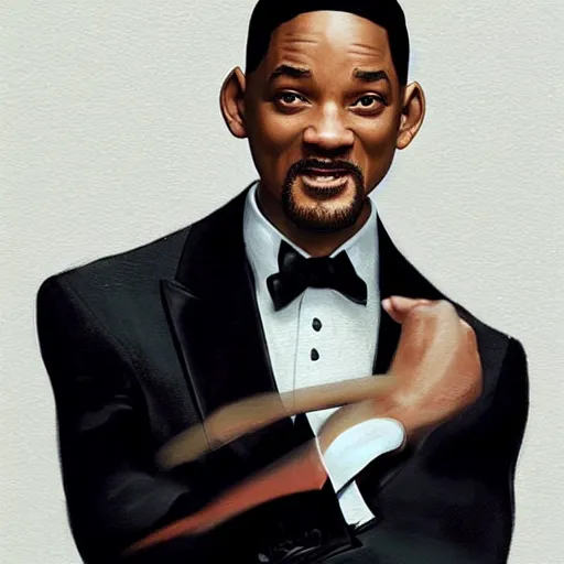 Image similar to will smith wearing a tuxedo, portrait, highly detailed, digital painting, artstation, concept art, sharp focus, illustration, art by artgerm and greg rutkowski and alphonse mucha