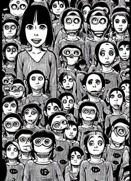 Image similar to portrait of minions, intricate, highly detailed, illustration, art by junji ito, junji ito