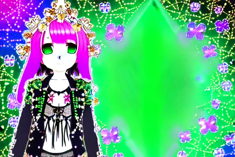 Image similar to baroque bedazzled gothic royalty frames surrounding a hologram of decora styled green haired yotsuba koiwai wearing a gothic spiked jacket, background full of lucky clovers, crosses, and shinning stars, holography, irridescent