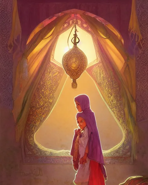 Image similar to a bedouin child infront of an big open quran highly detailed, gold filigree, romantic storybook fantasy, soft cinematic lighting, award, disney concept art watercolor illustration by mandy jurgens and alphonse mucha and alena aenami, pastel color palette, featured on artstation