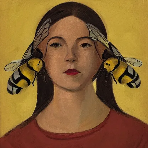 Image similar to face portrait of a woman, hexagon polygon, bees