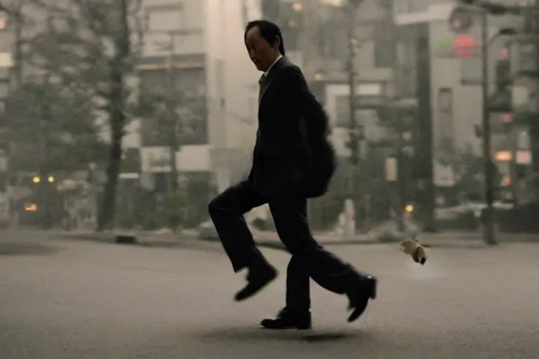 Image similar to cinematography closeup portrait of a Japanese business man carrying his dog running from an explosion in Tokyo by Emmanuel Lubezki