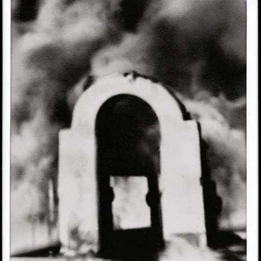 Image similar to old polaroid of a realistic gateway to hell, there flames everywhere, black and white