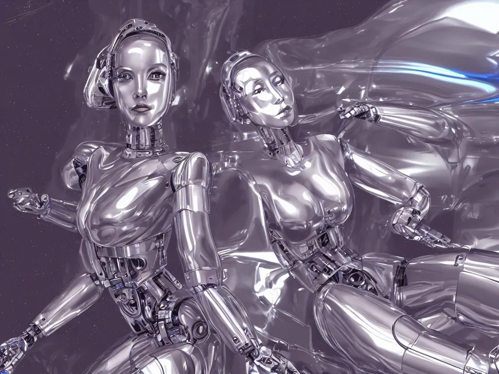 Prompt: a pretty female robot posing inside a chrome spaceship, artistic composition, art style of hajime sorayama, cinematic, highly detailed, sharp focus, intricate concept art, digital painting, colorful flat surreal design, hd, 8 k, artstation, ambient lighting