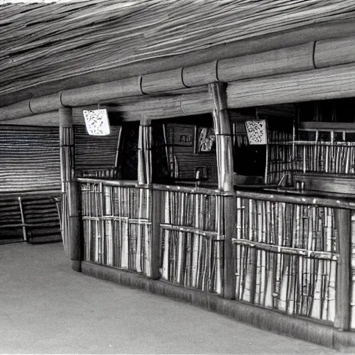 Image similar to mid century tiki bar empty with no people. bamboo. highly detailed retro 3 5 mm photo.