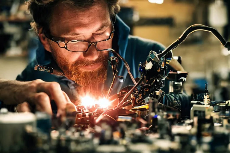 Image similar to cinematography closeup portrait of a Man soldering repairing robot parts in his garage by Michael Bay