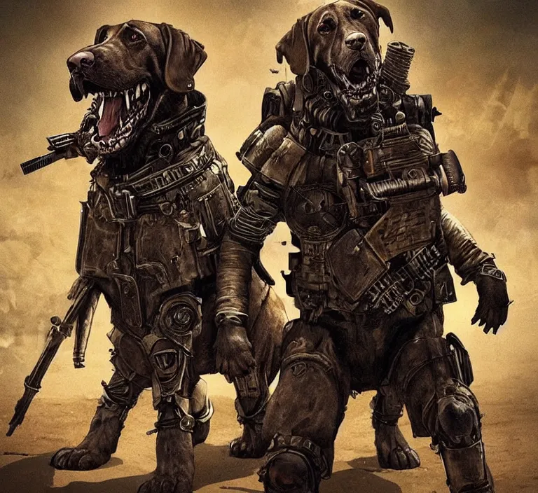 Image similar to a good ol'bloodhound dog fursona ( from the furry fandom ), heavily armed and armored facing down armageddon in a dark and gritty version from the makers of mad max : fury road. witness me.