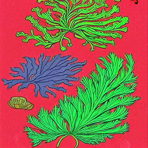 Prompt: vintage colored detailed illustration of random seaweed, neon colors