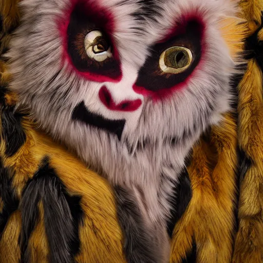 Image similar to a photography of a monstruous costum with big painted eyes and multiple layers of fabric and fur by charles freger