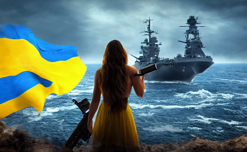 Prompt: perfect shot from behind of a beautiful girl in national blue and yellow dress with beautiful hair holding a heavy gun and standing on a shore and facing a huge realistic detailed Russian warship on the horizon. Ukrainian flag on the left side, concept art, сinematic lighting, insanely detailed, smooth, sharp focus, Artstation, 8k, unreal engine, hyper-realistic, bright background, moonlight, volumetric lighting, octane render, digital illustration by Ruan Jia and Mandy Jurgens and Artgerm and Wayne Barlowe and Greg Rutkowski and Zdislav Beksinski