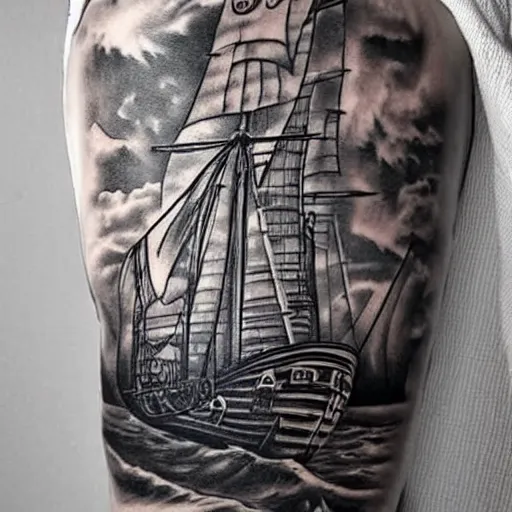 Image similar to A pirate ship tattoo design in the style of Dmitriy Samohin, hyper realistic tattoo