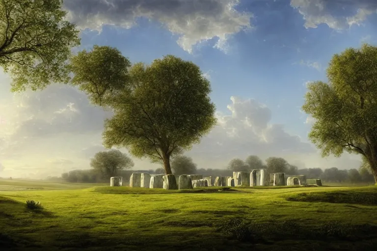 Prompt: White monolithic henge surging with magic at the bottom of green hills surrounded by a moat, clear blue skies in the background, by Thomas Kincade, Richard Sigamani, 8k photorealistic, cinematic lighting, HD, high details, dramatic, trending on artstation