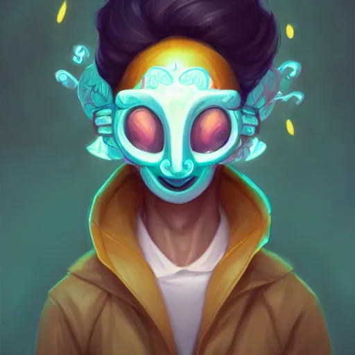 Prompt: a portrait of the happy mask salesman, art by lois van baarle and loish and ross tran and rossdraws and sam yang and samdoesarts and artgerm and saruei and disney, digital art, highly detailed, intricate, sharp focus, trending on artstation hq, deviantart, unreal engine 5, 4 k uhd image