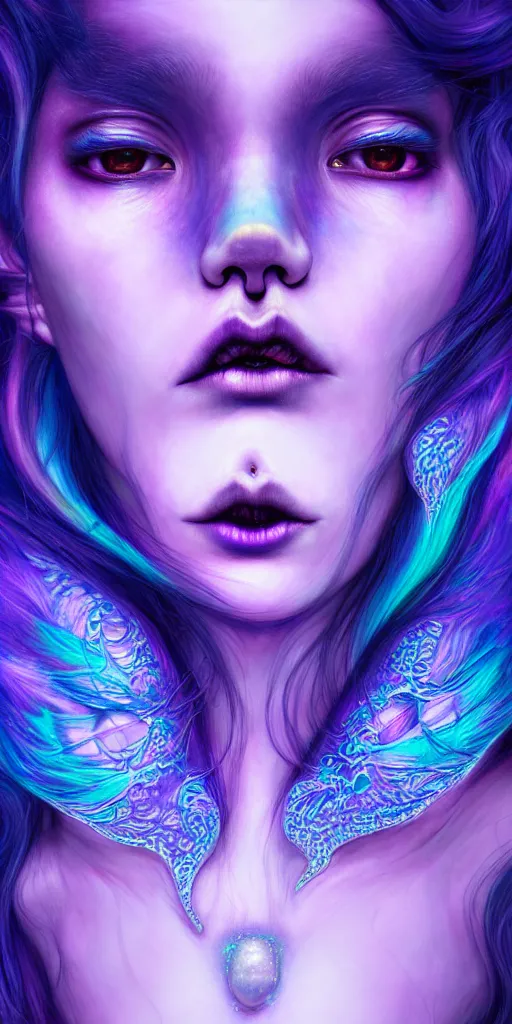 Prompt: hyperrealistic intricate close-up of beautiful moonchy woman with purple hair and pearlescent blue skin hannah yata machiej kuciara dramatic neon lighting on one side