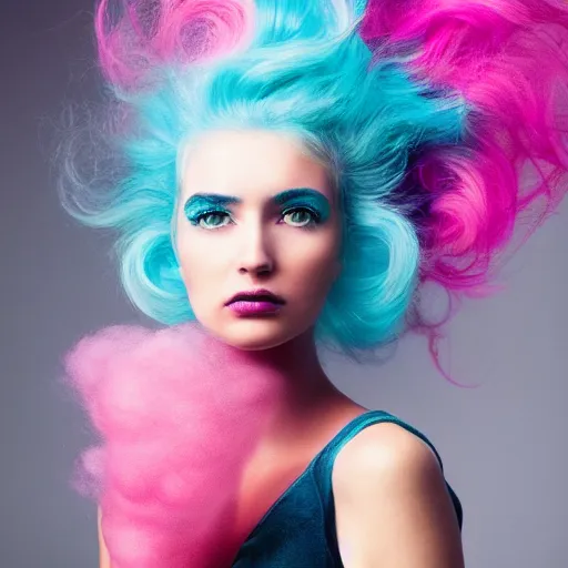 Image similar to a dramatic photo of a beautiful woman with cotton candy hair. with a little bit of cyan and pink