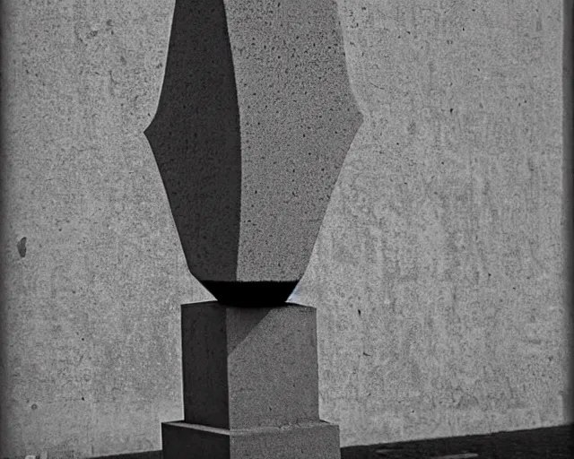 Image similar to by francis bacon, escher, mystical photography evocative. an fractal concrete carved sculpture, standing in a city center.