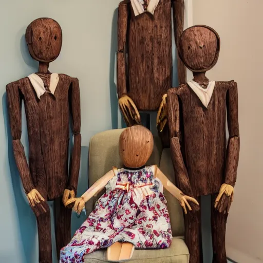Image similar to a real estate home interior photo. a creepy wooden mannequin family,