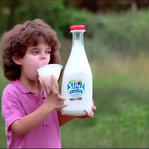 Prompt: milk commercial, kid is holding a comically huge vessel of milk and failing to drink it