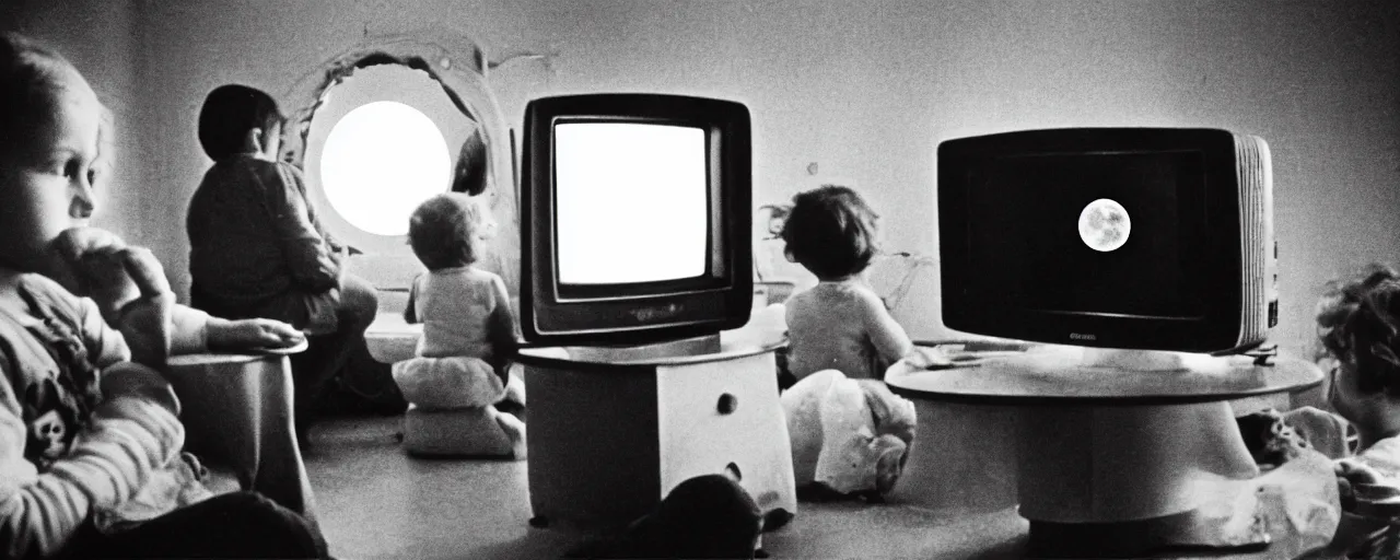 Image similar to a tv showing the moon landing while a family eats spaghetti, in the style of diane arbus, canon 5 0 mm, wes anderson film, kodachrome, retro