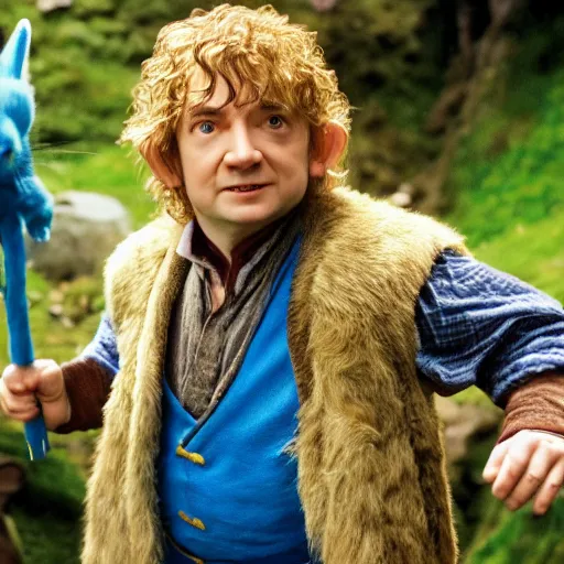 Image similar to hobbit wearing a blue vest and white sash, a british lad as Bartook a teen hobbit with short curly dark brown hair wearing a blue vest with a white sash standing next to a giant rabbit, high resolution film still, movie by Peter Jackson