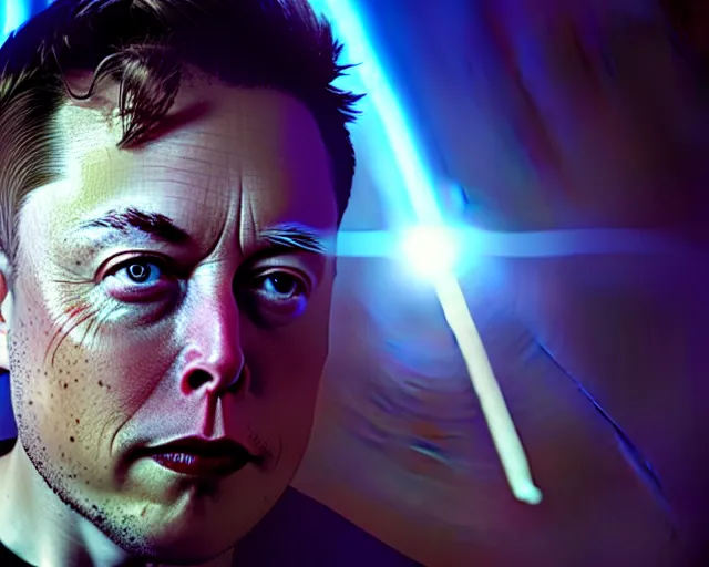 Image similar to 2 8 mm closeup portrait of elon musk top fragging in his live action video game, pipes, wires, dramatic lighting, octane, blue lights, lens flare, industrial, dirty, trending on artstation, golden ratio, h. r. giger, mist, action, volumetric lighting